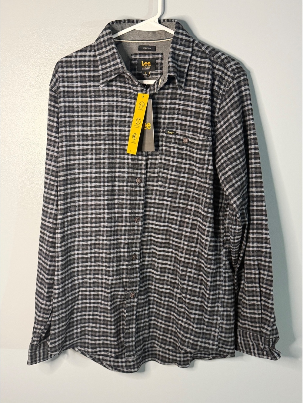 Lee Men's Regular Fit Stretch Gray and Black Plaid Dress Shirt Size M